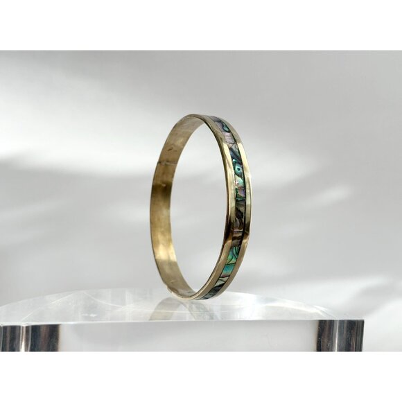 Abalone Hecho De Mexico Gold T Alpaca Silver Vintage Bangle Bracelet | Bangle - Picture 4 of 11